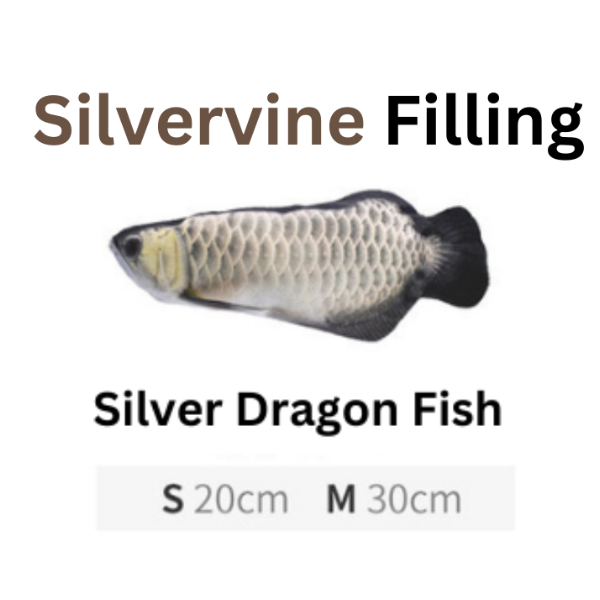 Silver dragon fish with text indicating 'Silvervine Filling' and size options on a white background.