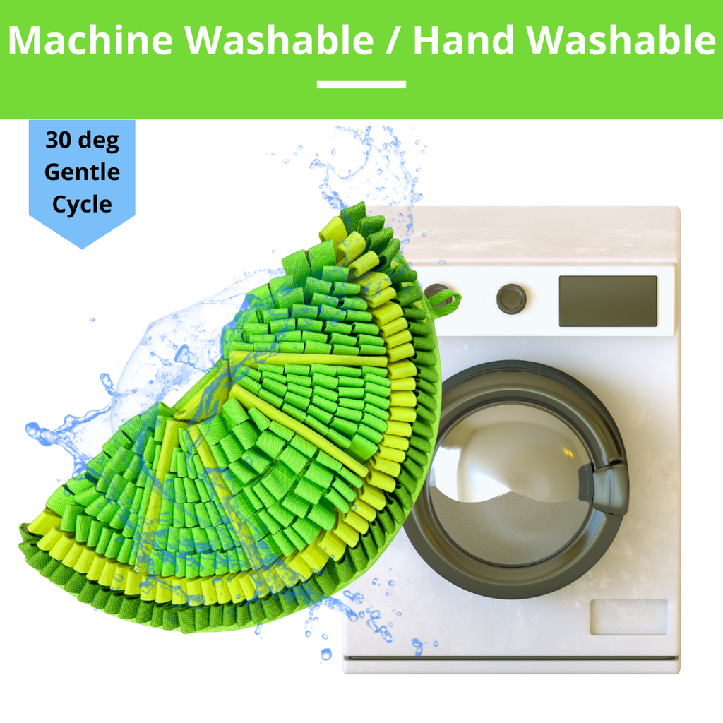 Green and yellow snuffle mat with washing machine and water splashes on a white background