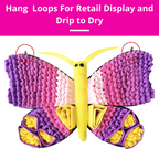 Butterfly-shaped product with hang loops for retail display on a pink background
