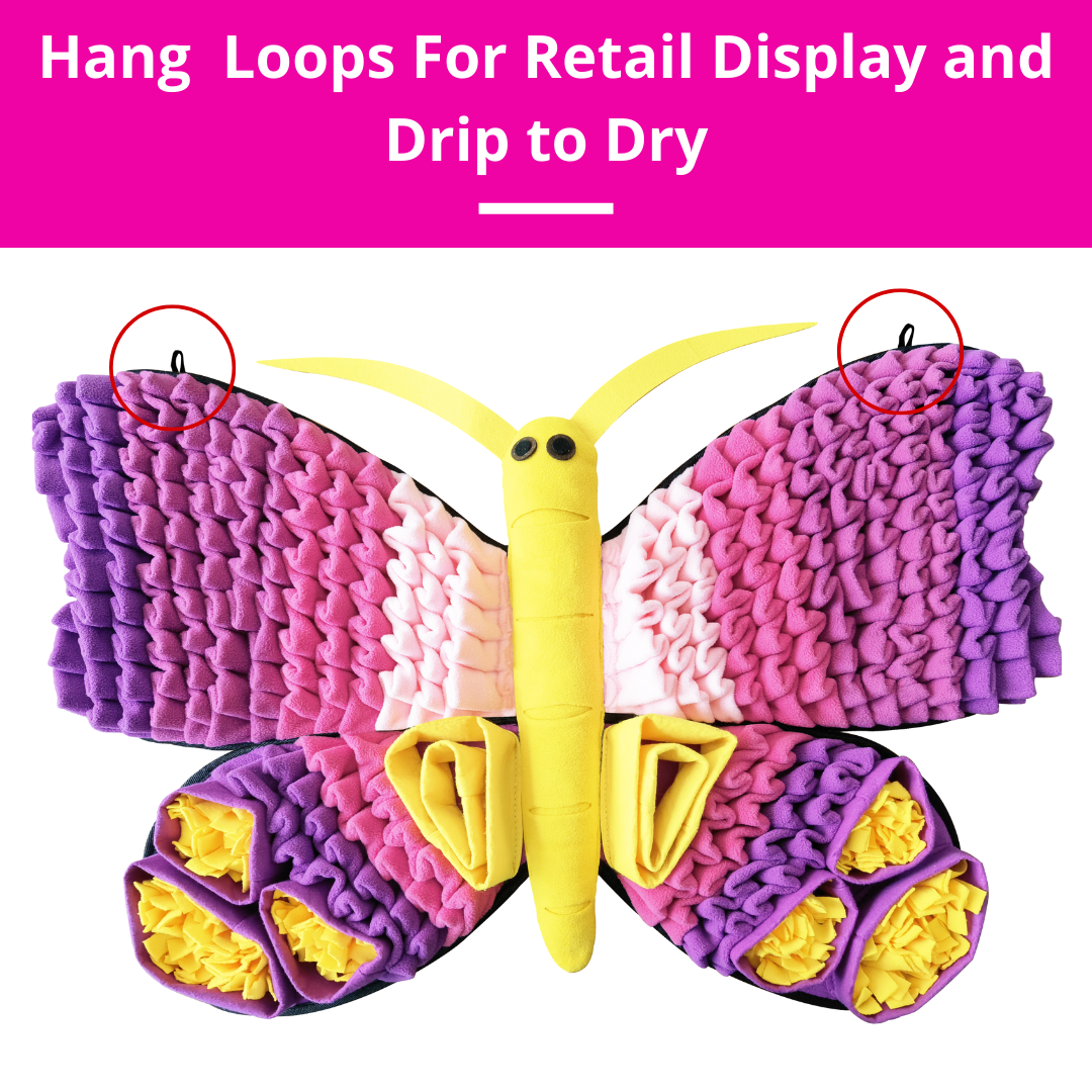 Butterfly-shaped product with hang loops for retail display on a pink background