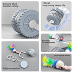 Collage of a cat toy with features highlighted, including silicone shell, battery life, movement rules, and plush mouse device.