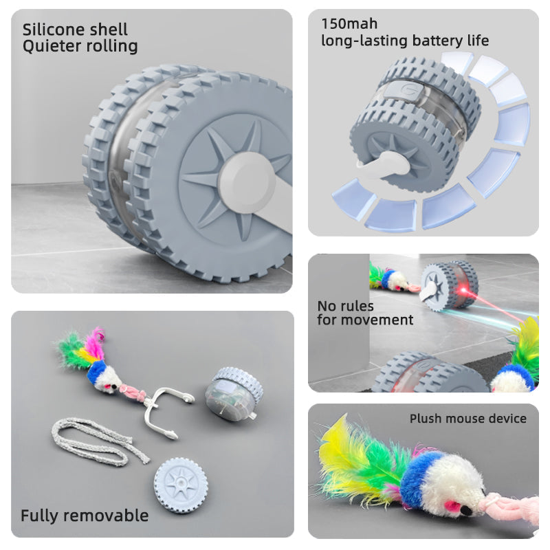 Collage of a cat toy with features highlighted, including silicone shell, battery life, movement rules, and plush mouse device.