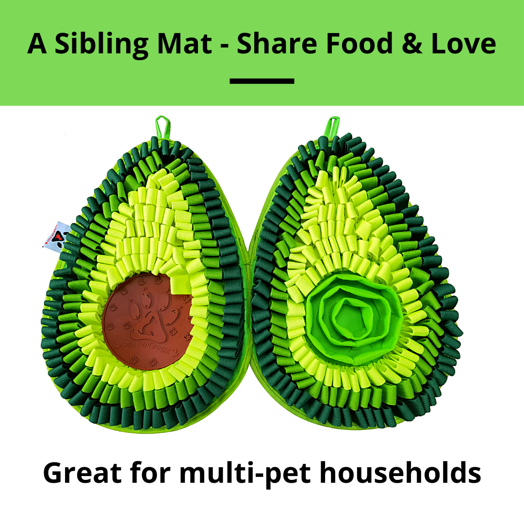 Avocado-shaped pet mat with green and brown colors on a white background