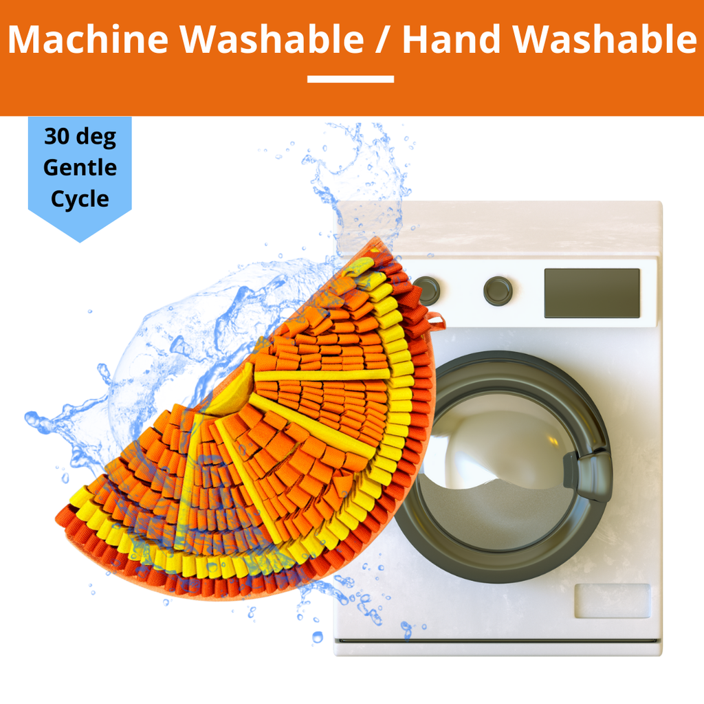 Colorful fabric swatch next to a washing machine with water splashing around, indicating washability.