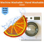 Colorful fabric swatch next to a washing machine with water splashing around, indicating washability.