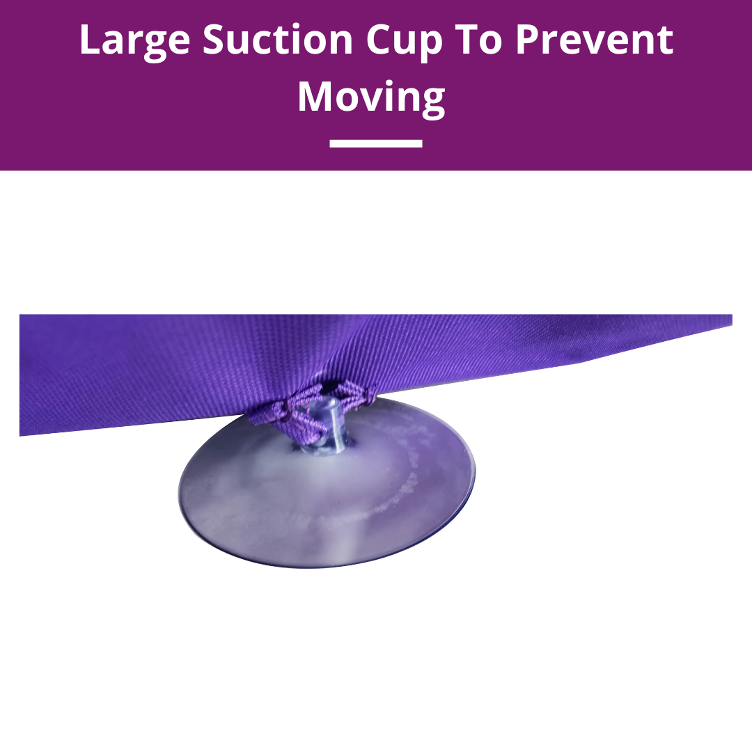 Purple ribbon with a large suction cup on a white background