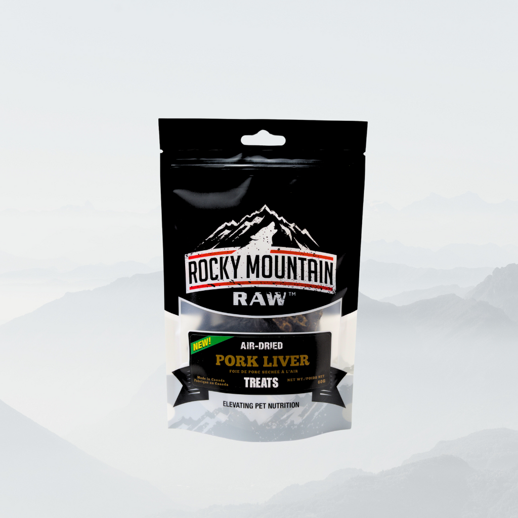 Package of Rocky Mountain Raw air-dried pork liver treats on a white background