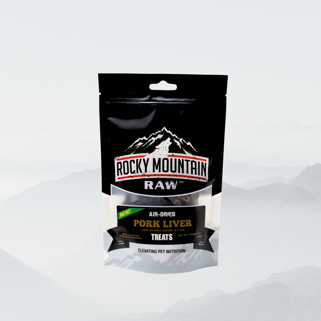 Package of Rocky Mountain Raw air-dried pork liver treats on a white background