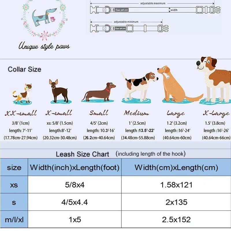 Size chart for dog collars with illustrations measurements for dogs and cats.