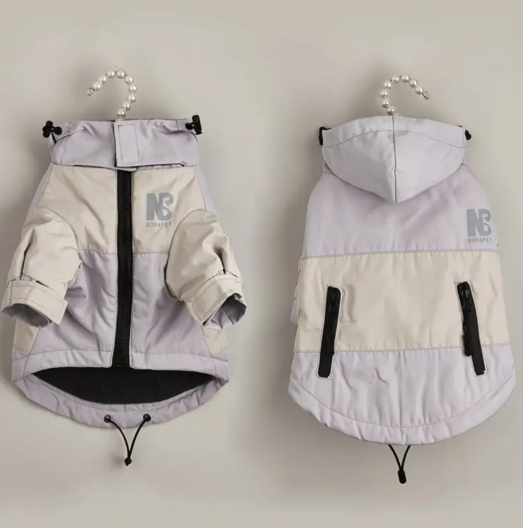 Two dog coats on hangers against a plain background