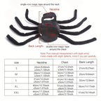 Measurement chart of a spider costume with labeled parts and size chart.