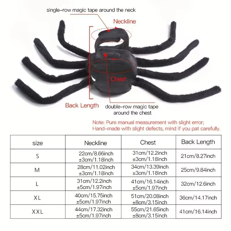 Measurement chart of a spider costume with labeled parts and size chart.