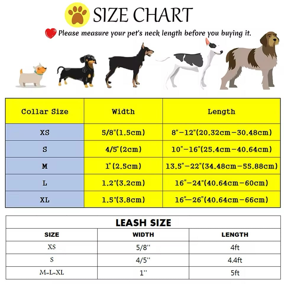 Size chart for dog collars and leashes with measurements and illustrations of dogs.
