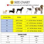 Size chart for dog collars and leashes with measurements and illustrations of dogs.