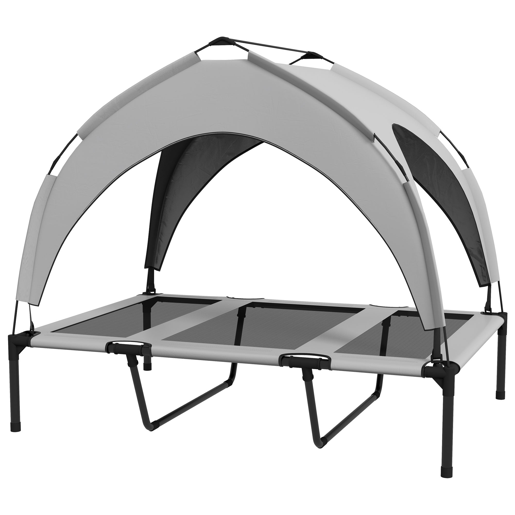 Outdoor pet canopy bed with gray and black design on a white background