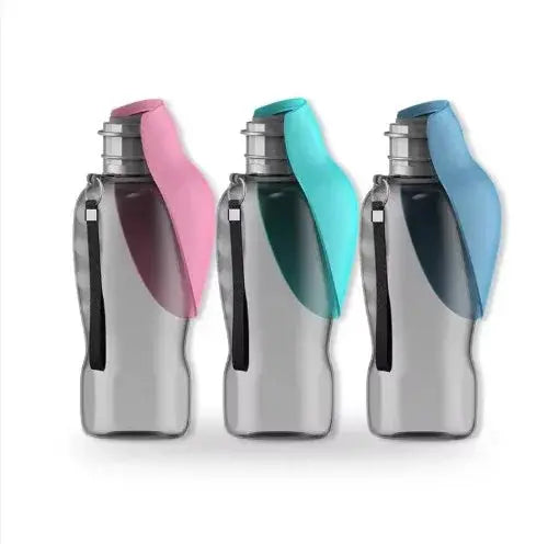 Three pet water bottles with colorful ends on a white background