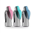Three pet water bottles with colorful ends on a white background