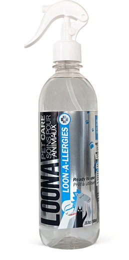 Clear spray bottle with Loona A-Allergies label on a white background