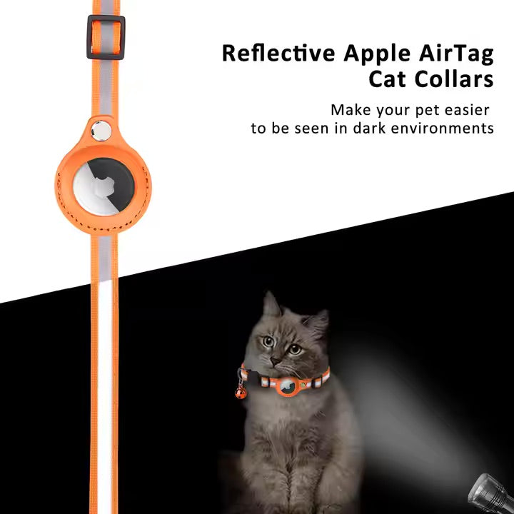 Reflective Apple AirTag cat collar with a cat wearing it on a black and white background