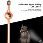 Reflective Apple AirTag cat collar with a cat wearing it on a black and white background