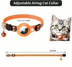 Orange cat collar with adjustable feature, featuring a cat and measurements on a white background.