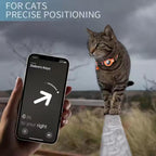 Cat wearing a collar with a smartphone app displaying 'Debra's Keys' and '6 m to your right' on a scenic background.