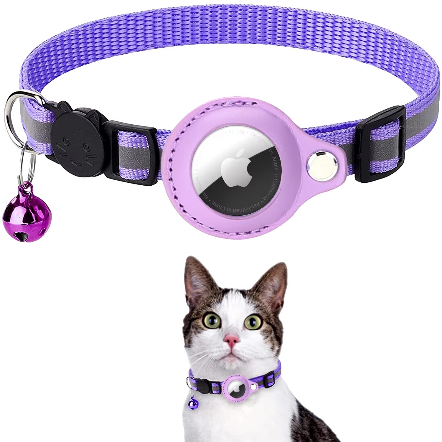Purple pet collar with a bell and Apple logo on a white background