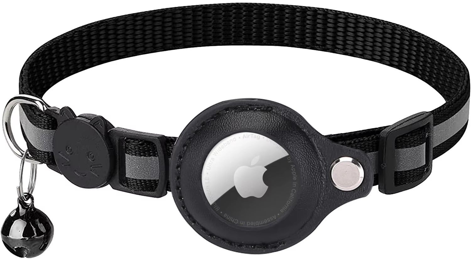 Black pet collar with a silver Apple logo on a white background