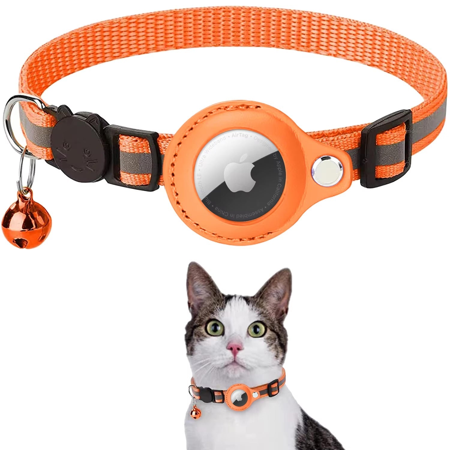 Orange cat collar with a bell and reflective strip, featuring a visible brand logo, on a white background.