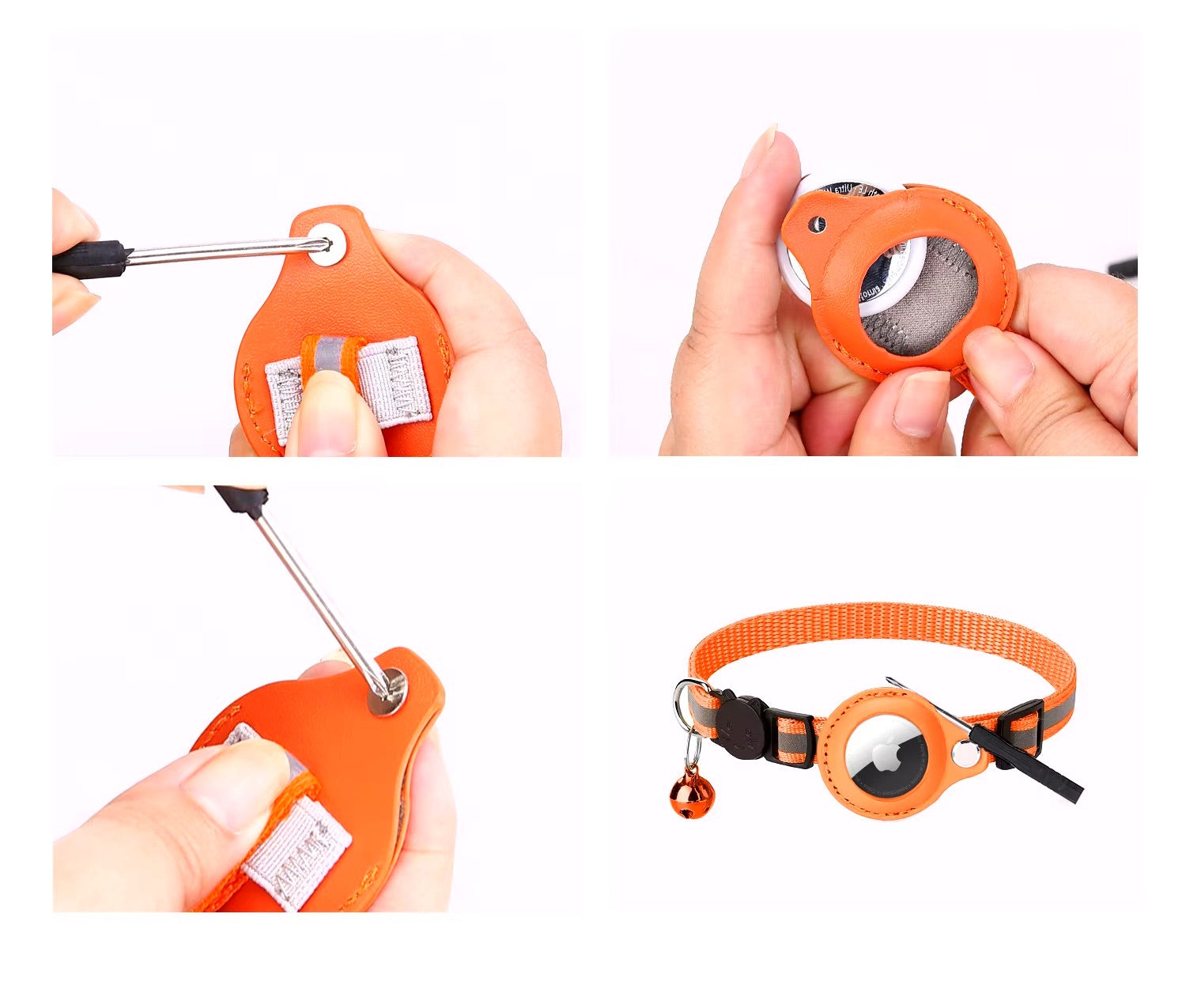 Orange pet collar with adjustable mechanism being shown on a white background