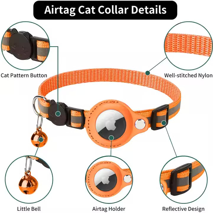 Orange cat collar with Airtag holder and features highlighted