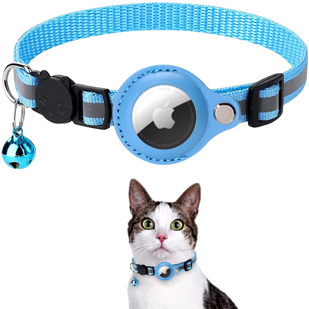 Blue pet collar with a bell and Apple logo, worn by a cat.