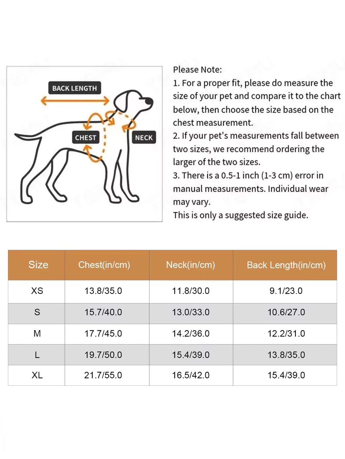 Dog size chart with measurements for chest, neck, and back length.