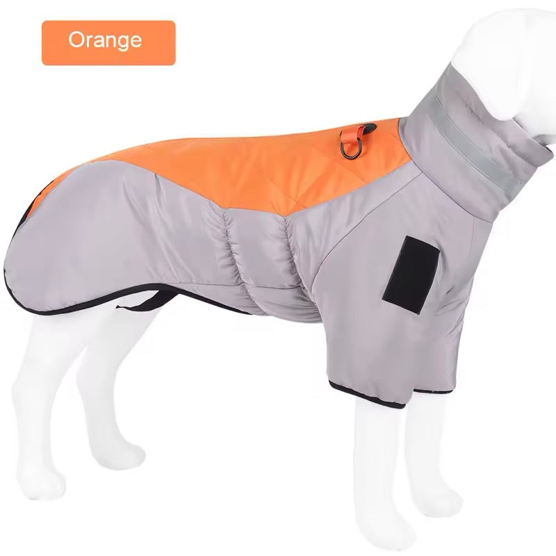 Gray and orange dog coat on a mannequin with an orange label indicating color.