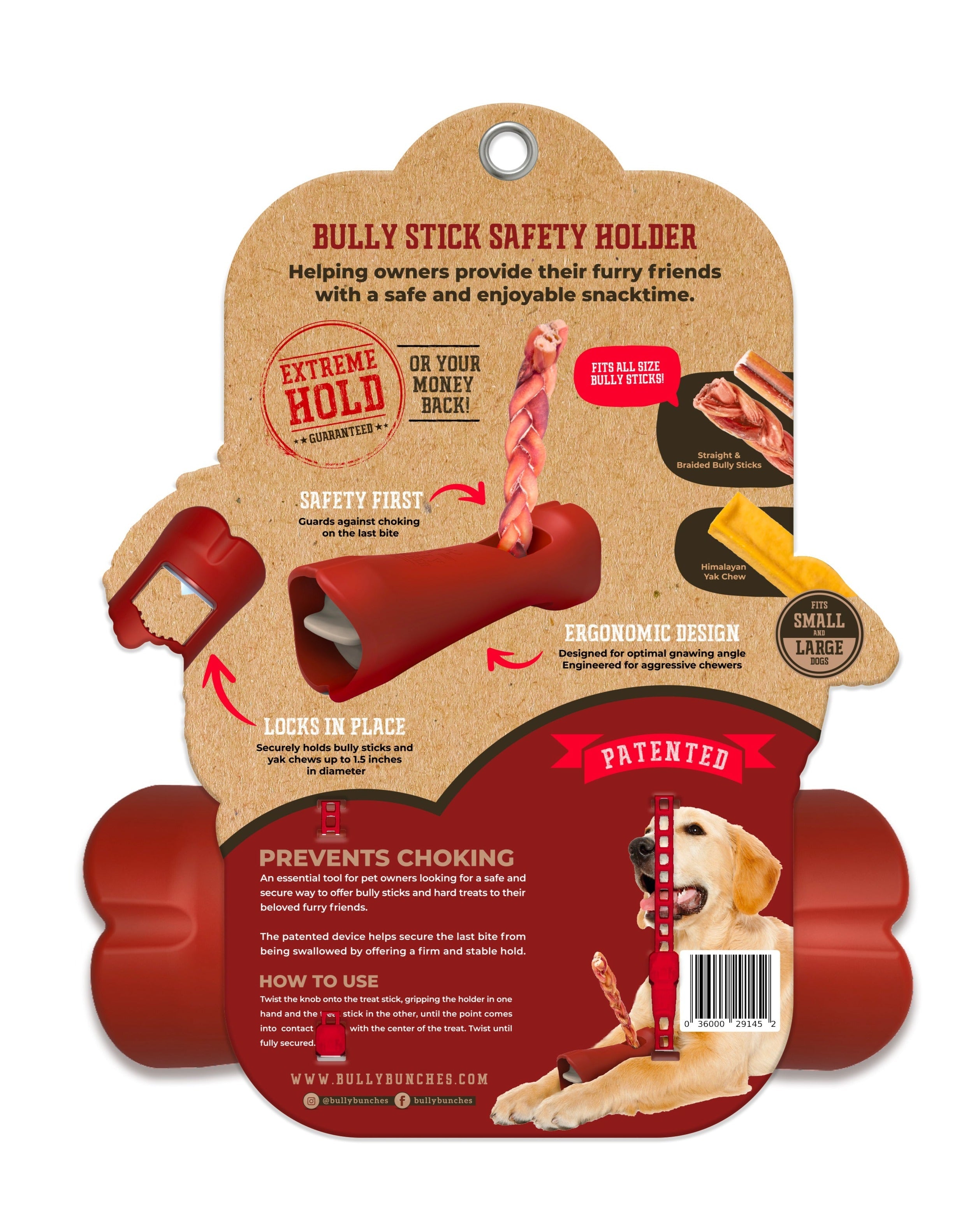 Bully Stick Safety Holder packaging with text and images of a dog and bully stick.