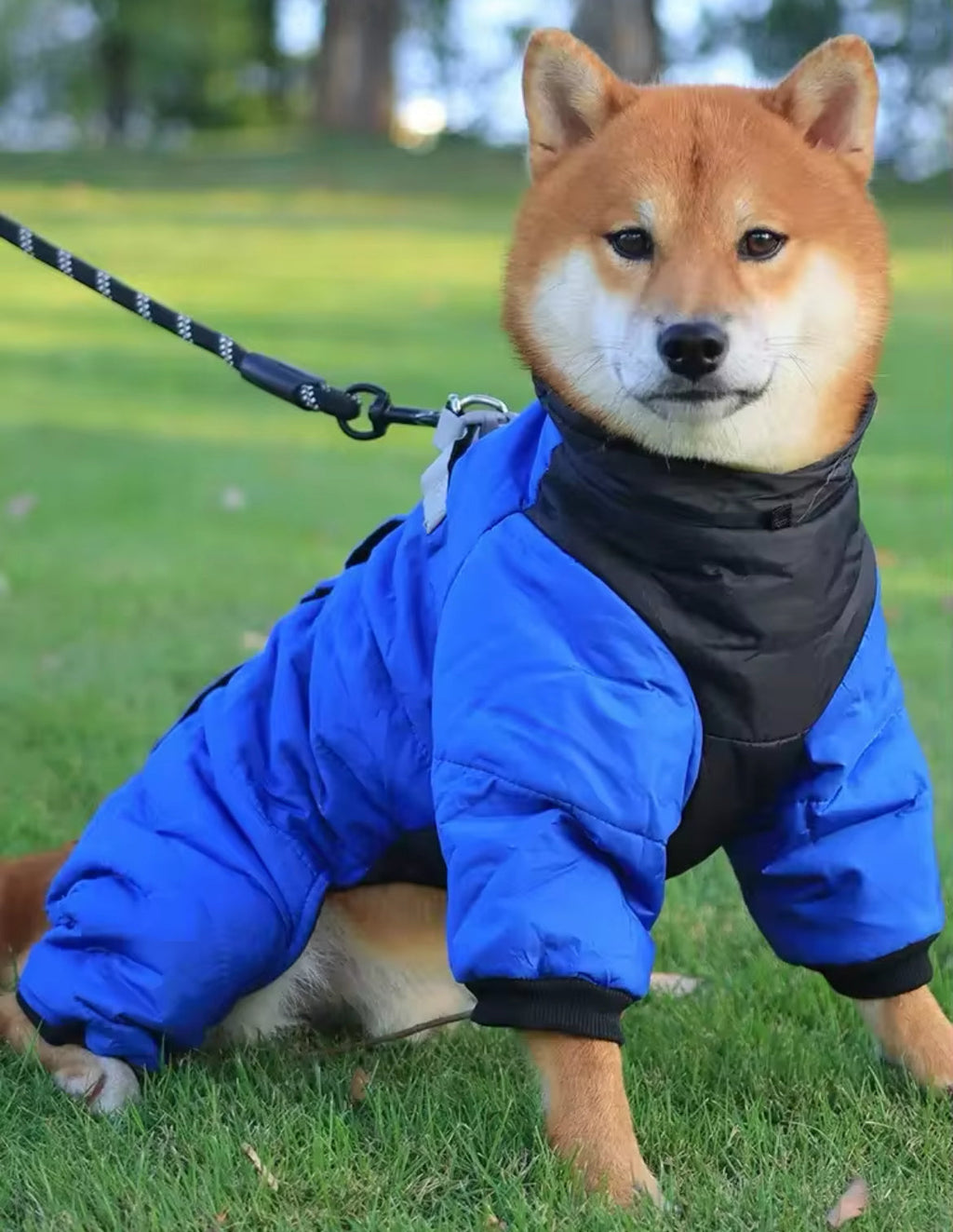 Dog wearing a blue snowsuit standing on grass