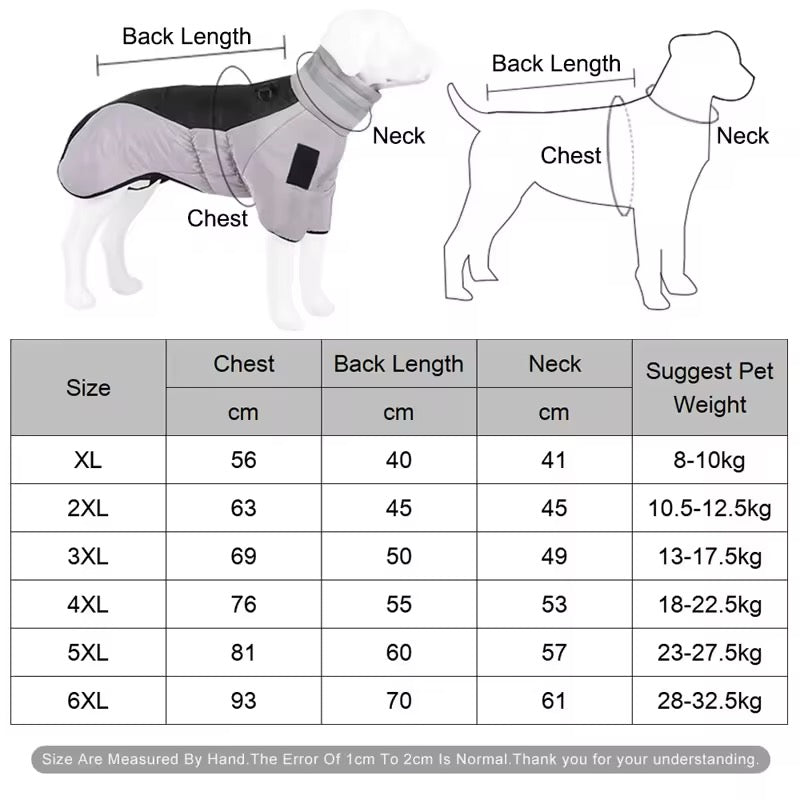 Dog coat size chart with measurements and weight suggestions