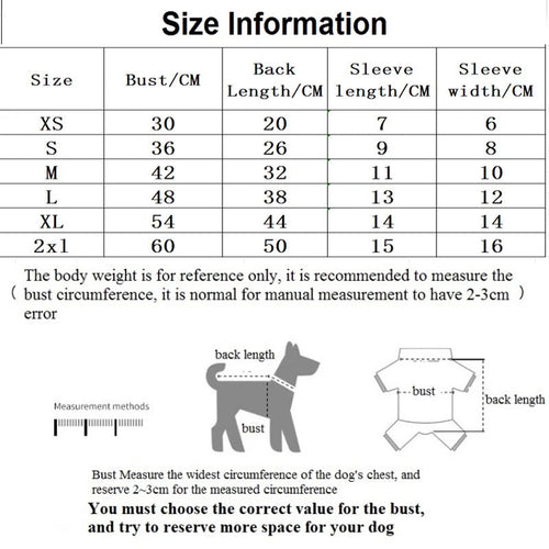 Size chart for dog clothing with measurements in centimeters