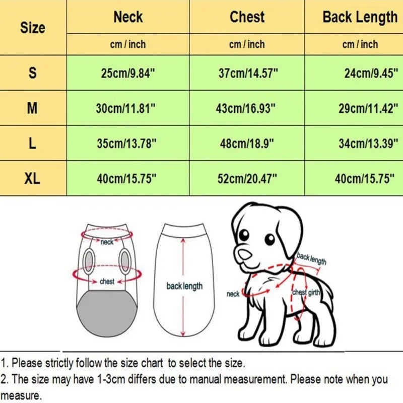 Dog coat size chart with measurements in centimeters and inches, accompanied by illustrations of a dog and coat.