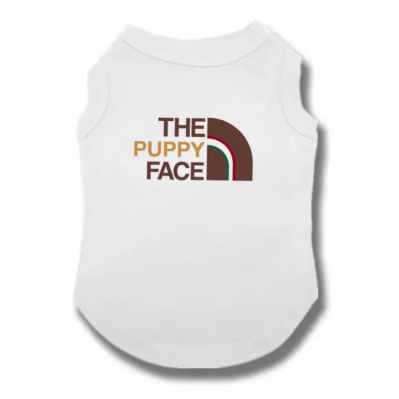 White pet shirt with 'The Puppy Face' text and logo on a white background