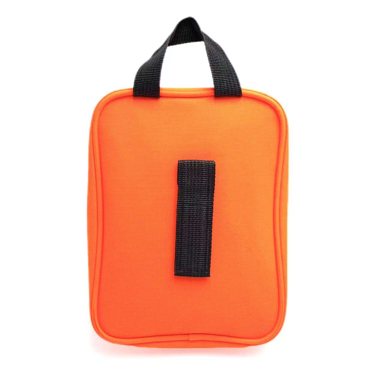 Orange pouch with black strap on a white background