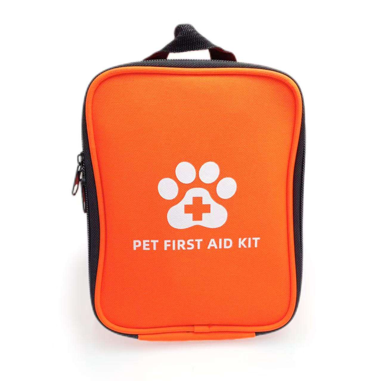 Orange pet first aid kit with a white paw print and cross symbol on a white background