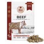 A stand-up pouch of Bully Bunches Beef Freeze Dried Liver dog treats, shown on a white background with several brown cube-shaped treats placed in front of the package.