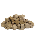 A pile of dog treats on a solid white background.