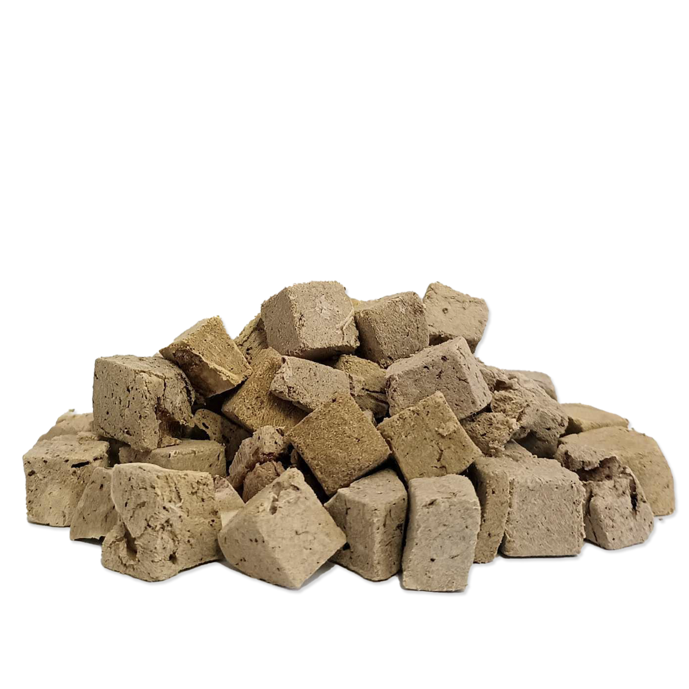 A pile of dog treats on a solid white background.