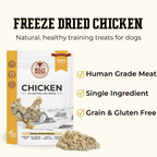 Bully Bunchers Freeze Dried Chicken dog training treats shown in a white and gold pouch with a small pile of the cube-shaped treats displayed in front, on a light cream background with marketing text.