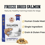 Bully Rumber Freeze Dried Salmon dog training treats packaging shown on a light cream background with marketing text and a small pile of the treats.