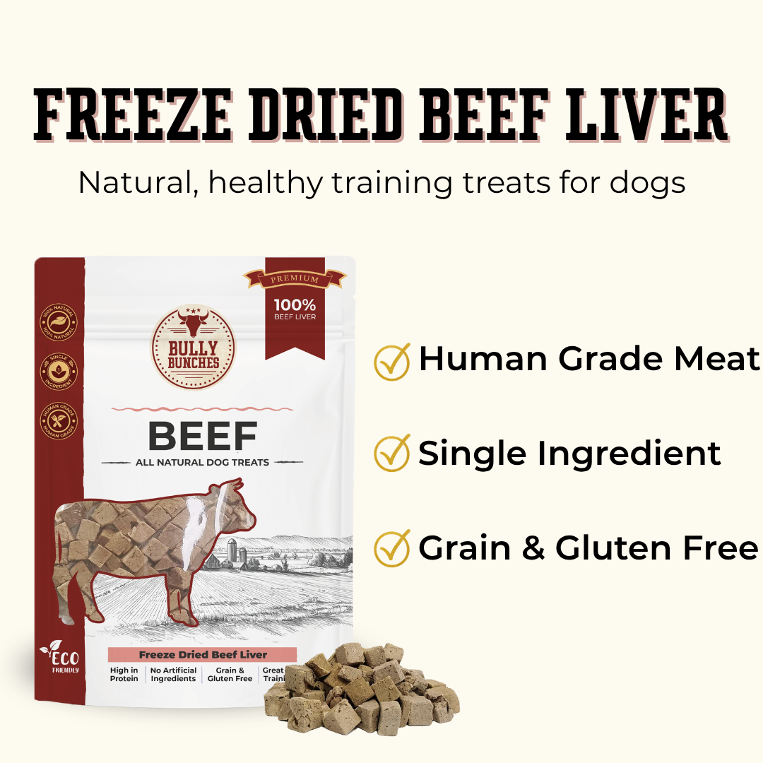 Bully Bunchers Freeze Dried Beef Liver dog treats packaging shown on a light cream background with marketing text and a pile of the brown cube-shaped treats.
