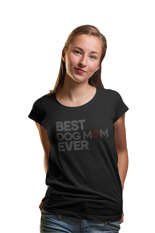 Woman wearing a black t-shirt with 'BEST DOG MOM EVER' text on a white background