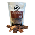 Package of bison jerky with visible jerky pieces on a white background